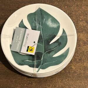 Trueliving Ceramic Plates Set of 4 White w Green Leaf 6.5 inch